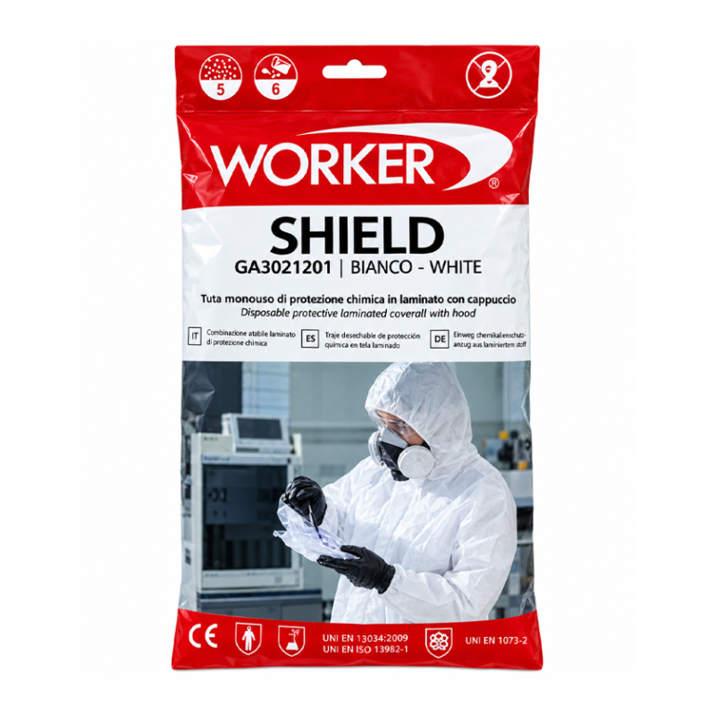 Worker Shield GA302.12.01 – Tuta protettiva monouso in laminato, bianca Worker Shield GA302.12.01 – Tuta protettiva monouso in laminato, bianca