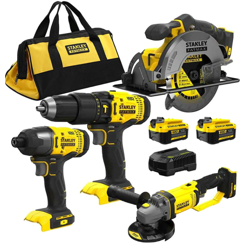 Kit STANLEY FatMax SFMCK469M2 (SFMCD711 + SFMCF800 + SFMCG400 + SFMCS500 + 2 x 4,0 Ah + cargador + bolsa XL)