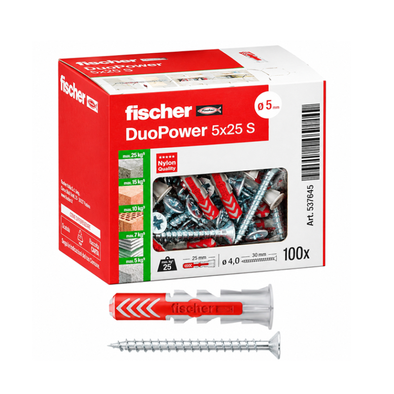 Fischer 100x Tasselli con Vite DuoPower 5 x 25 mm S