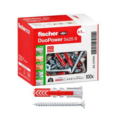 Fischer 100x Tasselli con Vite DuoPower 5 x 25 mm S